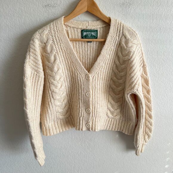 AMERICAN EAGLE Vintage Y2K Beige Chunky Wool Oversized Crop Sweater Womens XXS - Picture 1 of 4